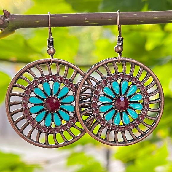Boutique Jewelry - Blue Flower Circle Drop Earrings